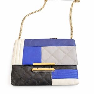 Kate Spade Colorblock Quilted Crossbody Clutch Blue Black White Gold Chain Bag